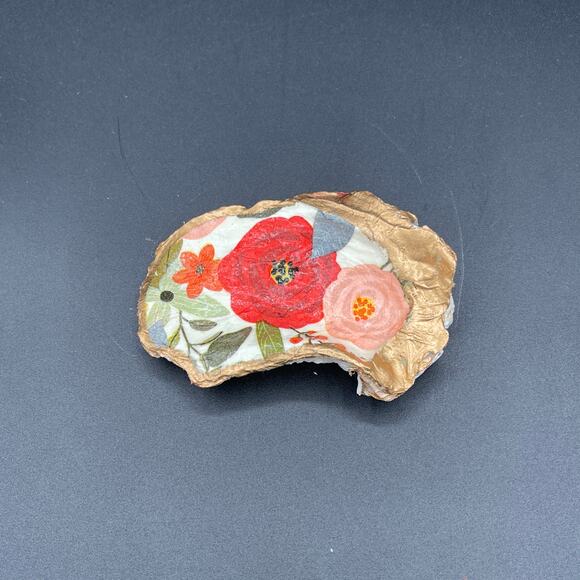Gilded Decoupage Floral Decorative Oyster Shell Trinket Ring Dish - Picture 1 of 3